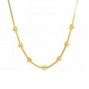 Gold stainless steel snake chain necklace with seven polished heart pendants and zircons