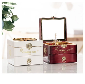 Detail of classical ballerina music box with golden latch and wood texture finish