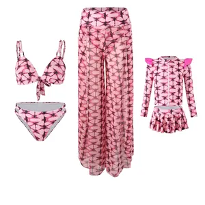 Ensemble bikini tie-dye rose et noir avec pantalon en résille pour femme et fille
