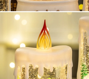 Detail of flickering LED flame and spinning glitter inside the Christmas candle globe