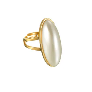 Minimalistischer Ovaler Künstliche Perlenring Edelstahl 18K Vergoldet Offen Verstellbares Design Eleganter Fingerschmuck Für Damen
