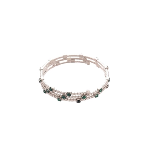 Three-layer wrap silver bracelet with round zircons and square emerald green gemstones