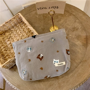 Japanese style gray cotton storage bag featuring various embroidered cat patterns and brand tag