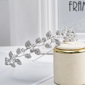 Leaf Shape Bridal Crown Headband With Rhinestones Alloy Tiara For Women Wedding Party Princess Elegant Hair Accessories
