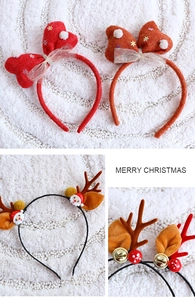 Detail of Christmas reindeer antler headbands with plush bows, bells and festive sequins