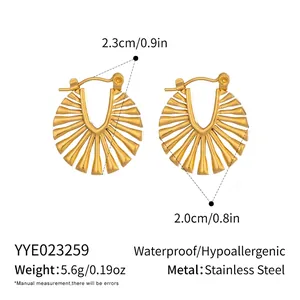 Detailed view of 2.3cm golden stainless steel fan shaped earrings with size specs