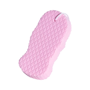 Pink exfoliating bath sponge for kids with fish scale texture and hanging rope