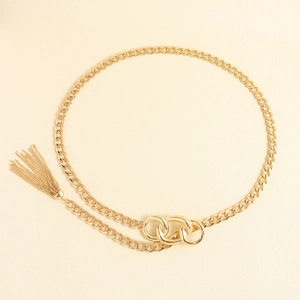 Elegant gold metal chain belt with interlocking rings and decorative long tassels