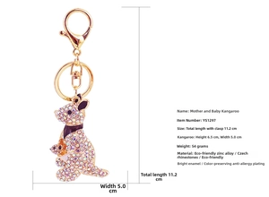 Detailed view of rhinestone kangaroo keychain with measurements 6.5x5.0cm and 54g weight