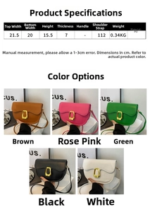 Detailed size specifications and five color variants of the PU leather saddle shoulder bag