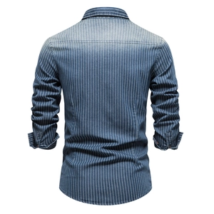 Men's washed striped denim shirt with long sleeves and classic back yoke design