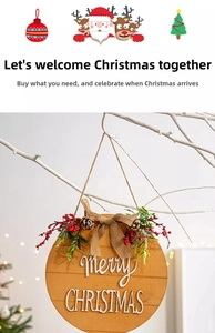 Detail of wooden Merry Christmas hanging sign with burlap bow and pine cones on a tree
