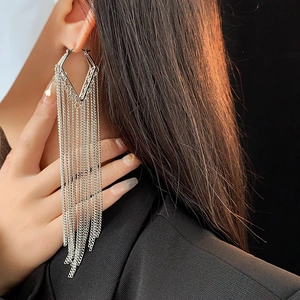 Close-up of silver tassel drop earrings on model showcasing luxurious metal fringe detail