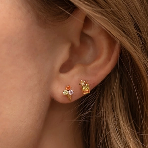 Asymmetric gold stud earrings with ice cream and cup designs featuring colorful zircons