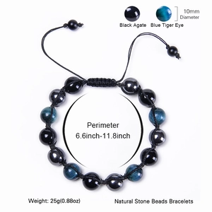 10mm Blaues Tigerauge und Schwarzer Achat Armband mit verstellbarem geflochtenem Band