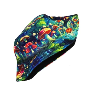 Detailed view of reversible bucket hat with psychedelic mushroom print and black lining