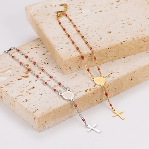 Rosary Style Bracelet Stainless Steel Red Beads Religious Virgin Mary Medal Cross Pendant Bohemian Jewelry Women