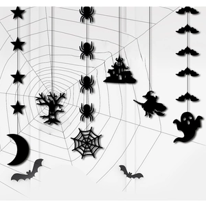 Halloween black silhouette hanging decorations with bats, witches and spider web motifs