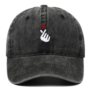 Washed black denim baseball cap with heart finger embroidery and vintage adjustable fit