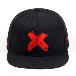 Close-up of the detailed red X embroidery on the black flat brim hip-hop baseball cap