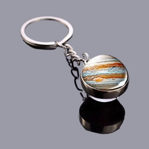 Solar system keychain with a double-sided Jupiter glass sphere on a metallic ring