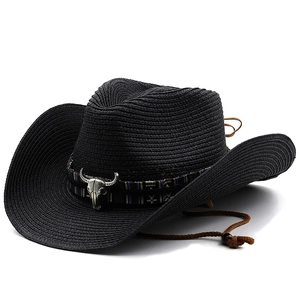 Black straw western cowboy hat with ethnic band, bull skull metal decor and chin strap