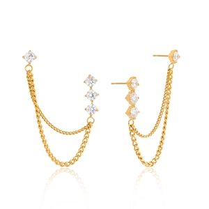 Women's 18K Gold Plated Stainless Steel Double Piercing Chain Earrings With White Zirconia Tassel Geometric Jewelry Gift