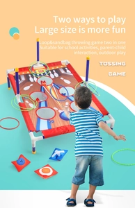 Detail of 2-in-1 foldable toss game set showing bowling score board and colorful sandbags