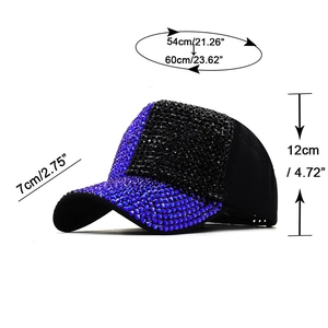 Sparkling rhinestone baseball cap with dimensions 54-60cm head size and 7cm curved brim