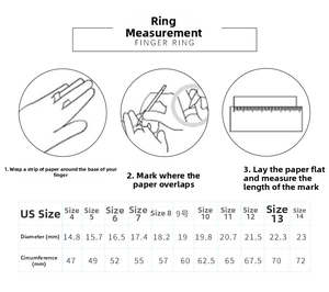 Size guide with measurement steps and diameter chart for stainless steel rings