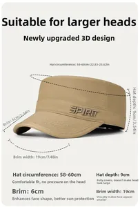 Size chart for khaki flat top cadet cap with spirit embroidery and detailed measurements