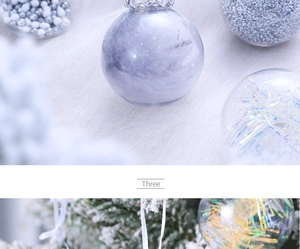 Detailed view of Christmas balls with feathers, sequins and colorful fillers hanging on tree