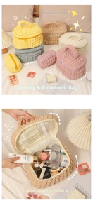 Detailed view of bubble texture vanity bags in various pastel colors and sizes