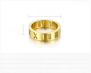Technical view showing 5mm width and 22mm diameter of gold Roman numeral hollow ring