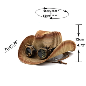 Steampunk cowboy hat size dimensions showing height, brim width and head circumference