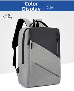 Detail of grey waterproof business backpack with geometric design and USB port