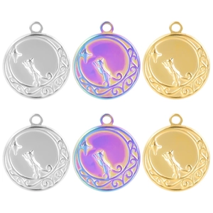 Cat Gazing At Moon Star Round Pendant Necklace Stainless Steel Vacuum Plating Celestial Jewelry For Women