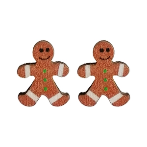 Festive gingerbread man wooden stud earrings featuring colorful hand-painted details