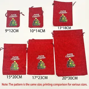 Christmas burlap drawstring bags in six sizes with festive tree and Merry Christmas print