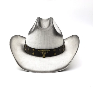 Silver-grey woven cowboy hat with bull head metal ornament and leather band detail
