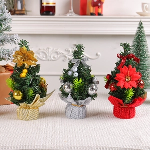 Mini Artificial Christmas Tree Desktop Ornament With Bows Colorful Balls Poinsettia Flowers For Home Holiday Decoration