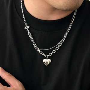 Layered Necklace Men Stainless Steel Chain Melted Heart Pendant Lava Texture Cross Star Charm Hip Hop Punk Silver Tone