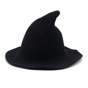 Black knitted witch hat with pointed top and wavy brim for Halloween costume cosplay