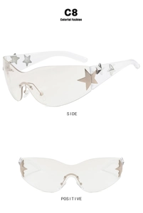 Detailed views of Y2K star-decorated sunglasses with clear oversized frames and silver stars