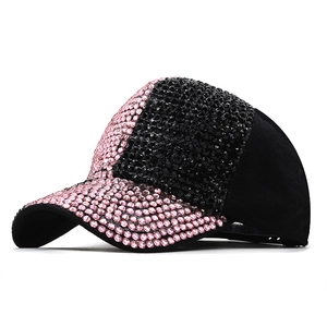 Sparkly rhinestone baseball cap for women with pink and black crystals on black fabric