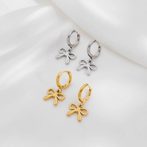 Bow Pendant Hoop Earrings Stainless Steel High Polish Sweet Elegant Style Jewelry For Women