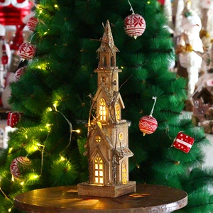 Luminous carbonized wooden church house ornament with warm LED lights for Xmas decor