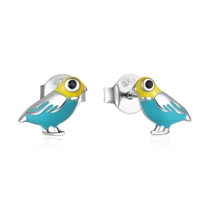 Macro shot of colorful bird stud earrings in S925 silver with blue and yellow enamel