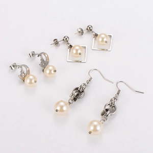 Three pairs of elegant stainless steel pearl earrings including square and moon shapes