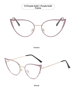 Detail of purple and gold cat-eye glasses frame with sleek metal hollow-out design